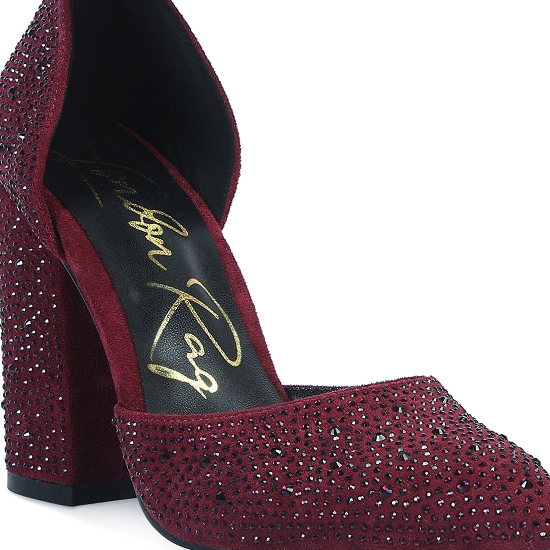 microfiber diamante block heeled sandal#color_burgundy