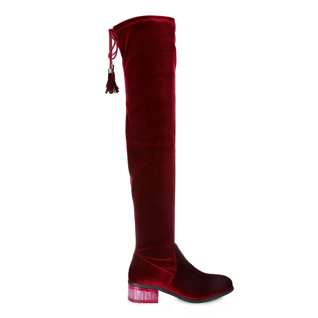 rumple velvet over the knee clear heel boots#color_burgundy