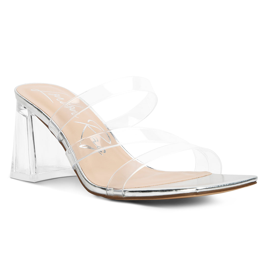 chartz multiple straps clear heel sandals#color_silver