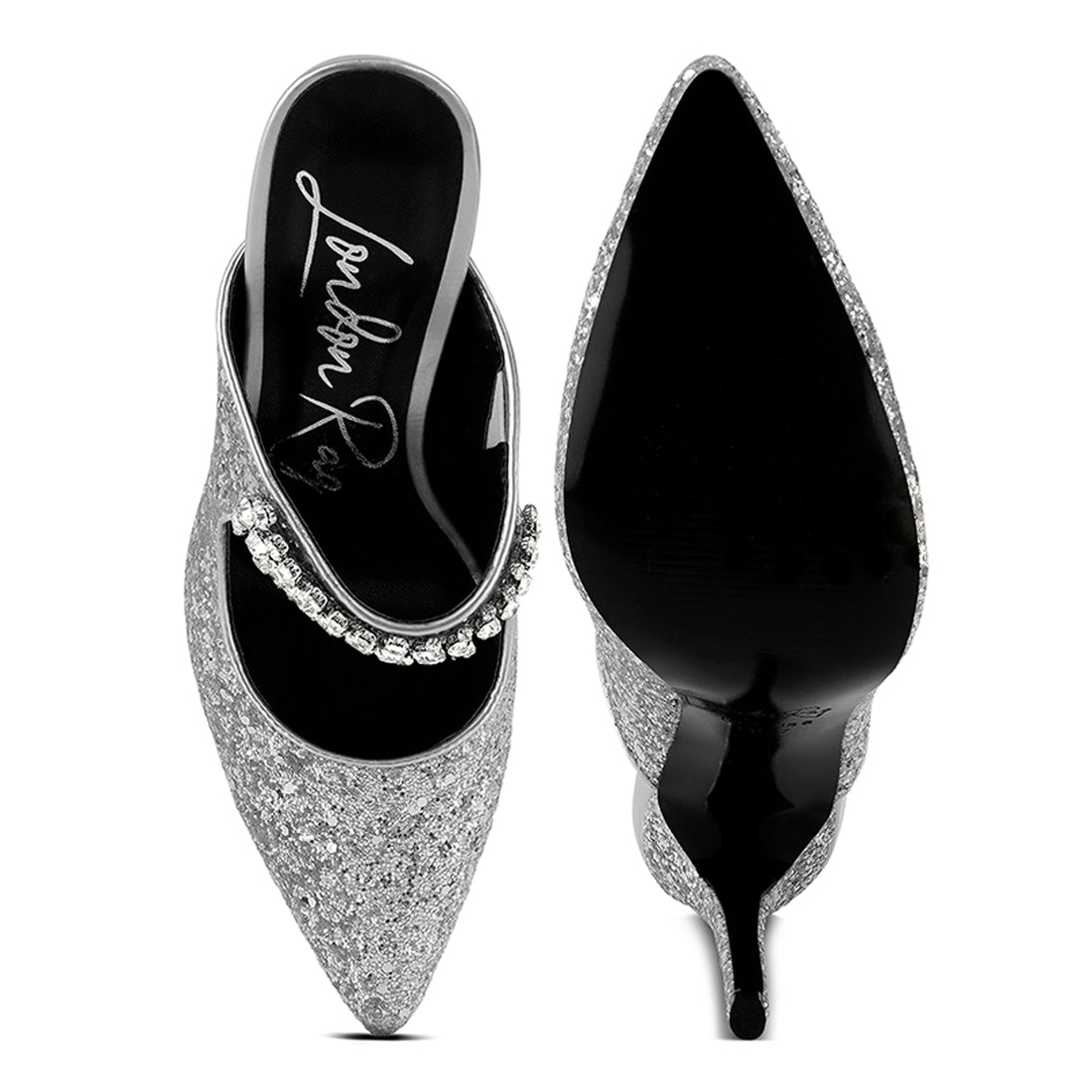 glitter diamante high heeled sandals#color_silver