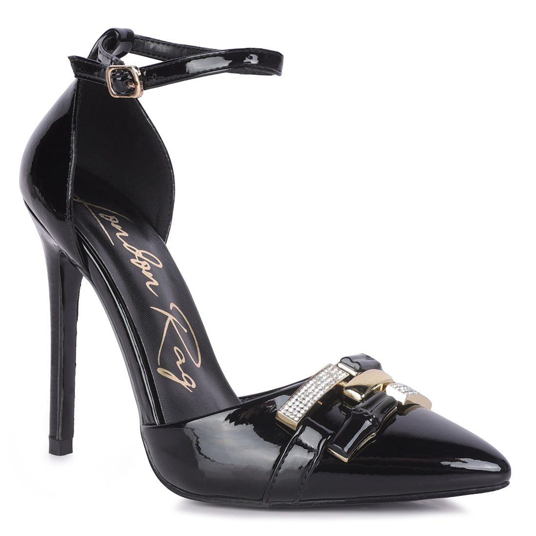 mocktail diamante buckle patent stiletto sandals#color_black