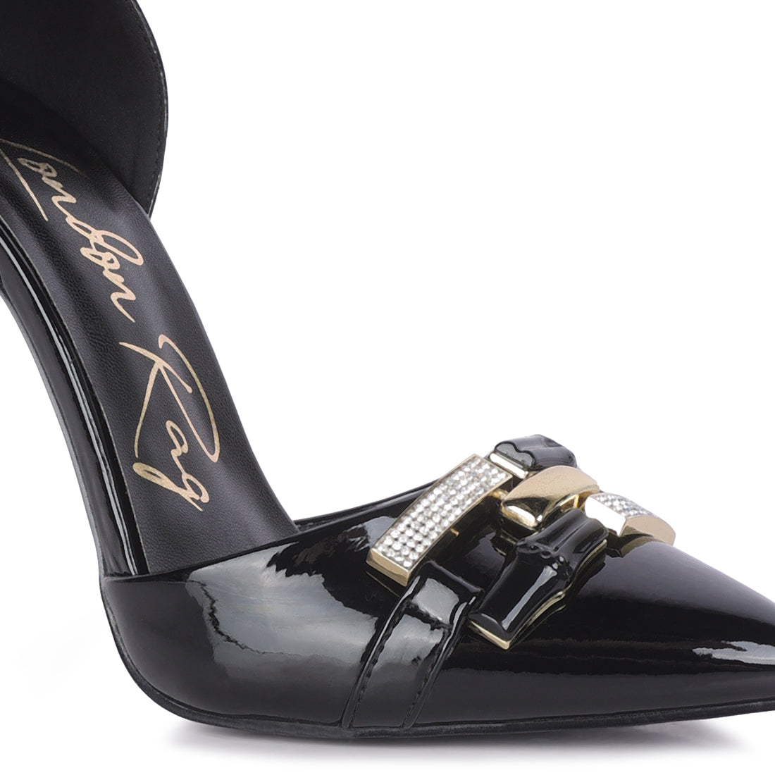 mocktail diamante buckle patent stiletto sandals#color_black