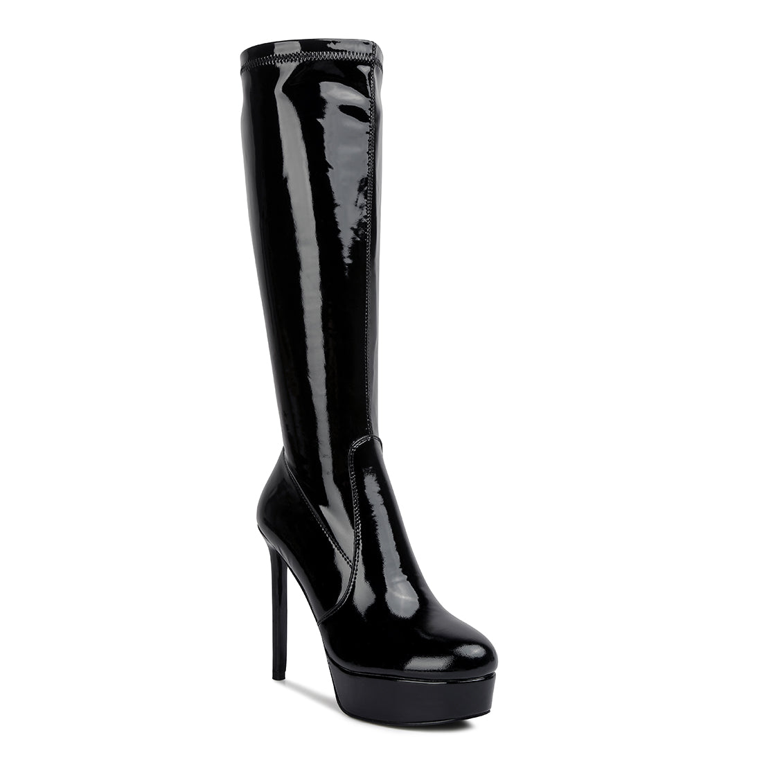 high heeled stretch patent calf boots#color_black