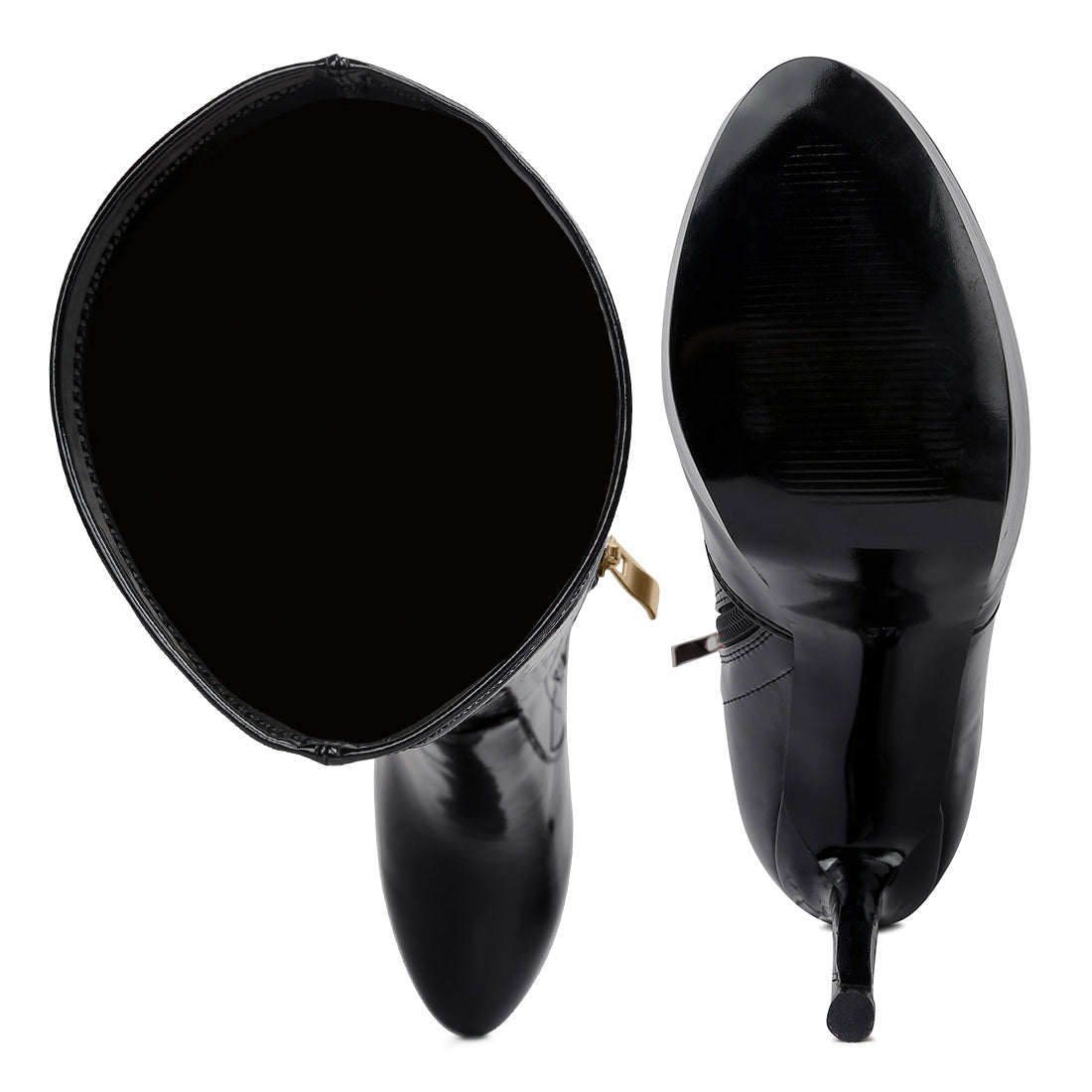 high heeled stretch patent calf boots#color_black