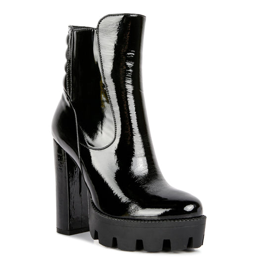collared patent high heeled ankle boot#color_black