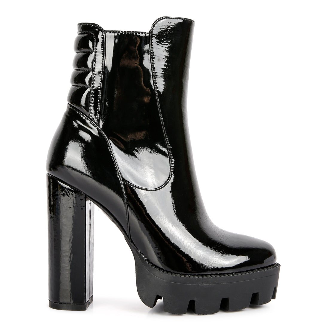 collared patent high heeled ankle boot#color_black