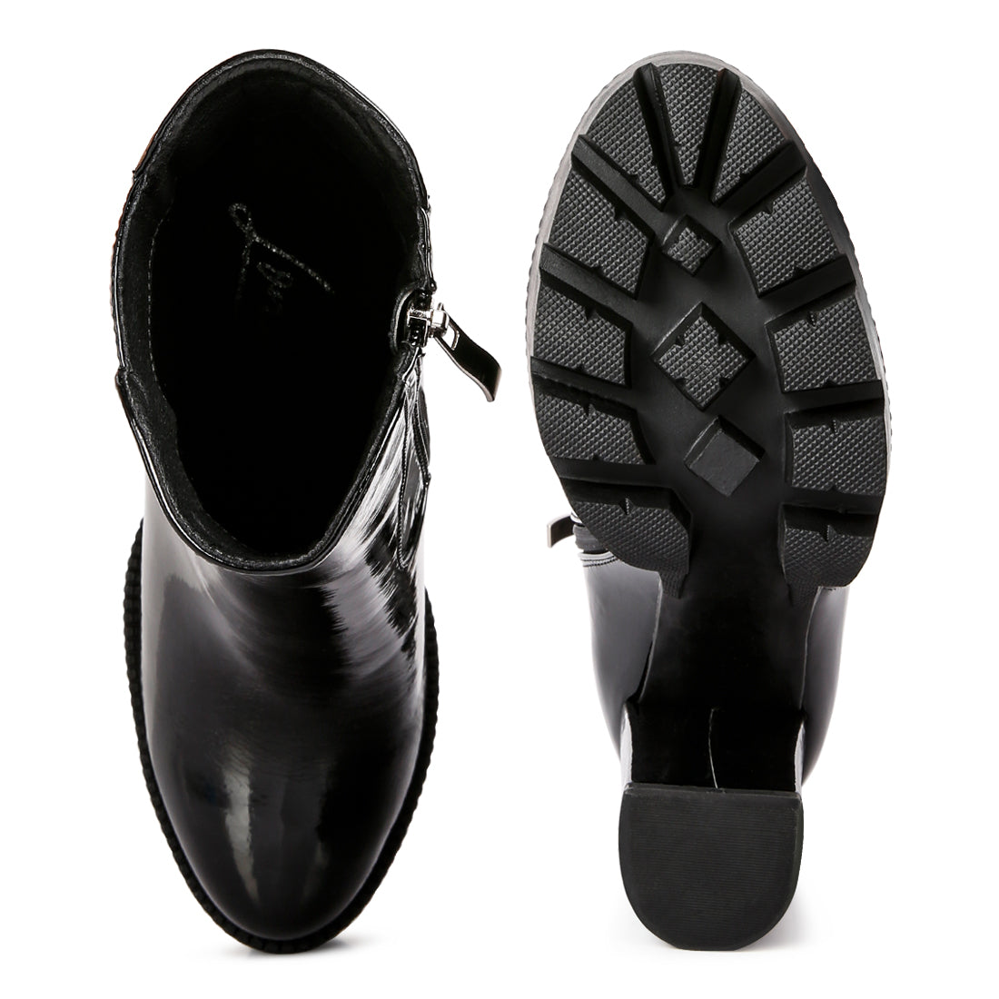 collared patent high heeled ankle boot#color_black