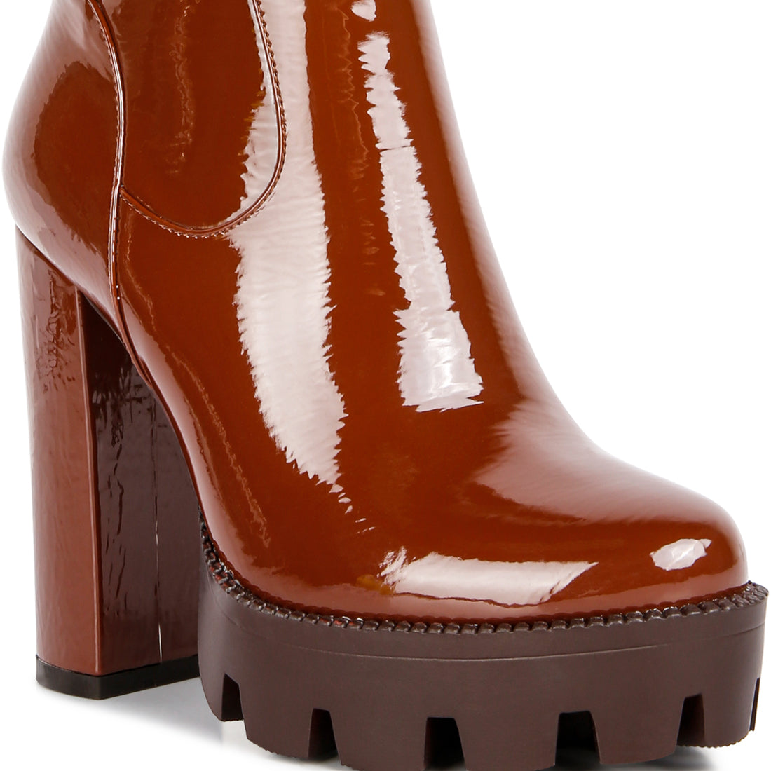 collared patent high heeled ankle boot#color_tan