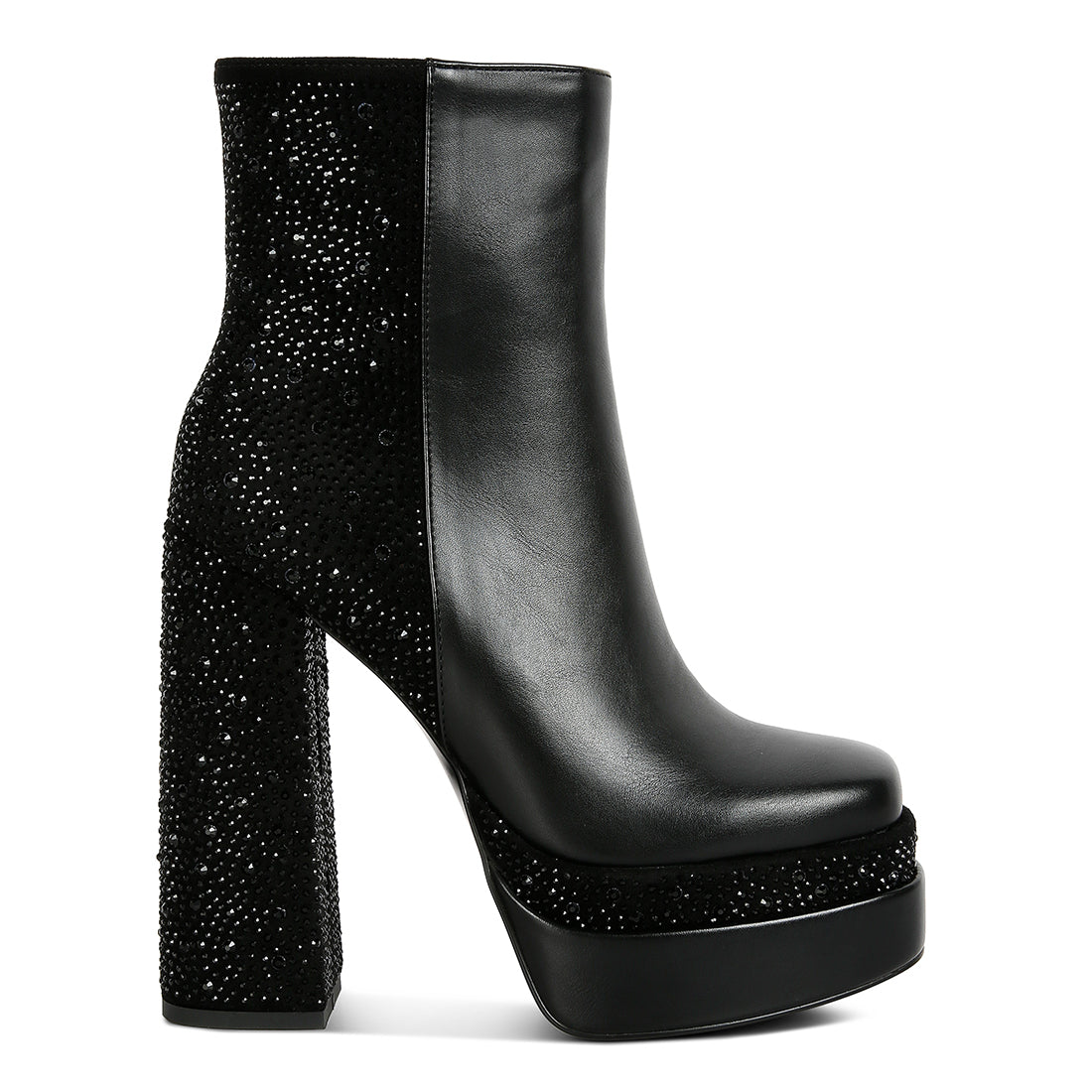 dryday diamante zip up block heel boots#color_black