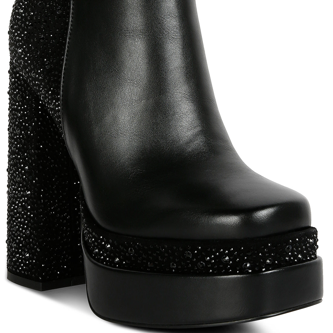 dryday diamante zip up block heel boots#color_black
