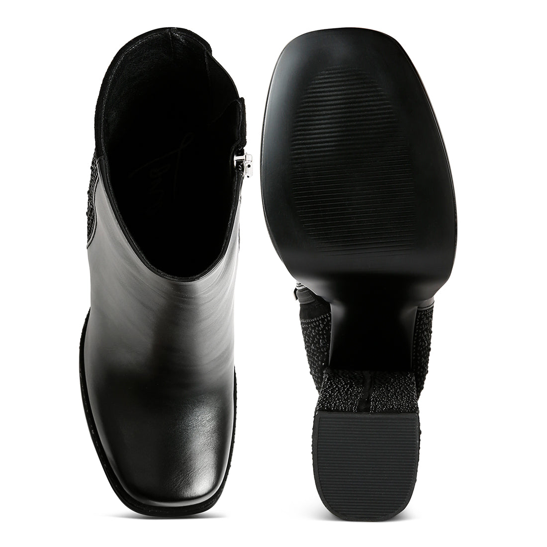 dryday diamante zip up block heel boots#color_black