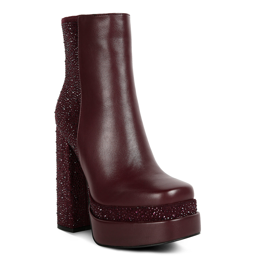 dryday diamante zip up block heel boots#color_burgundy