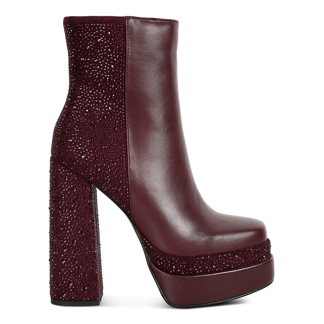 dryday diamante zip up block heel boots#color_burgundy