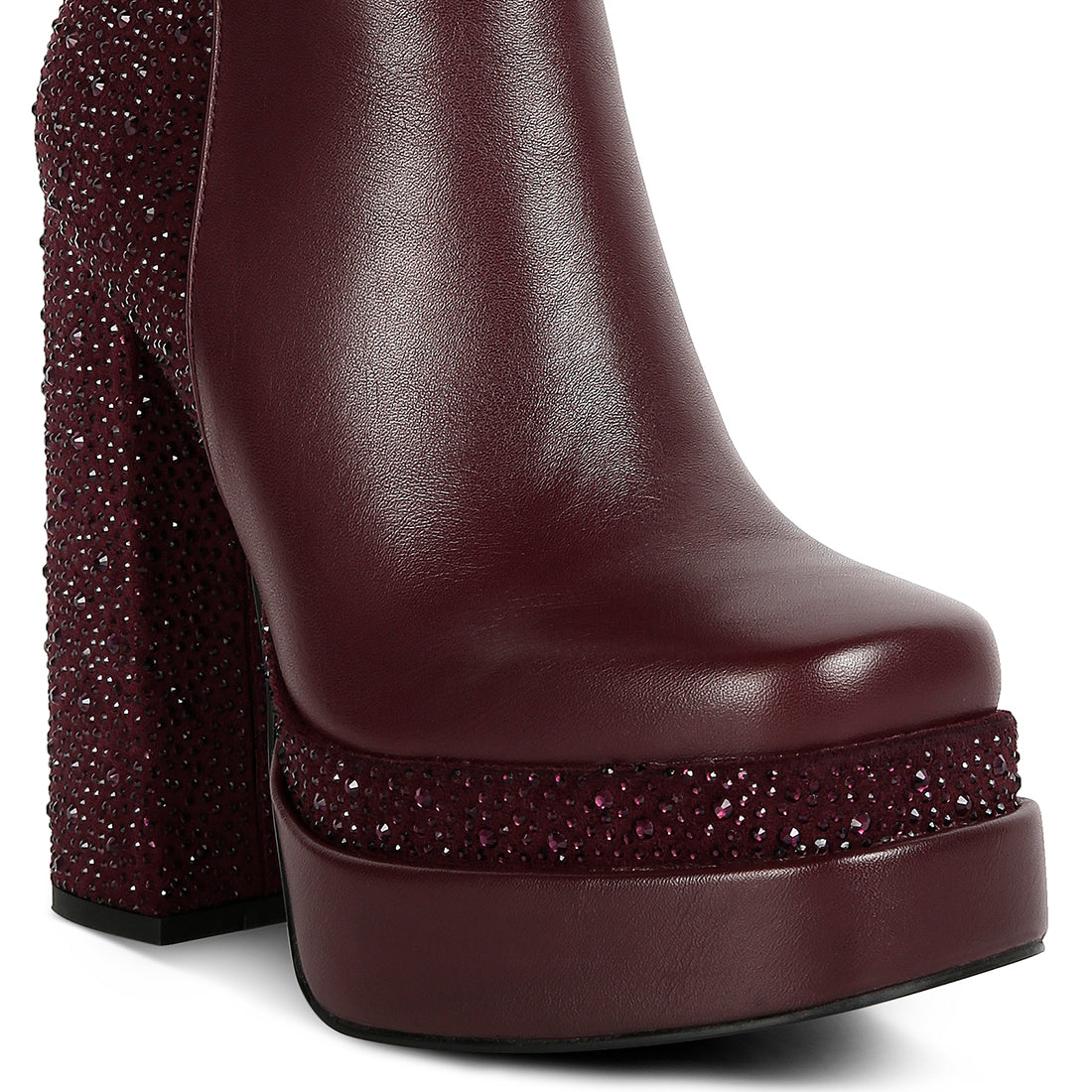 dryday diamante zip up block heel boots#color_burgundy