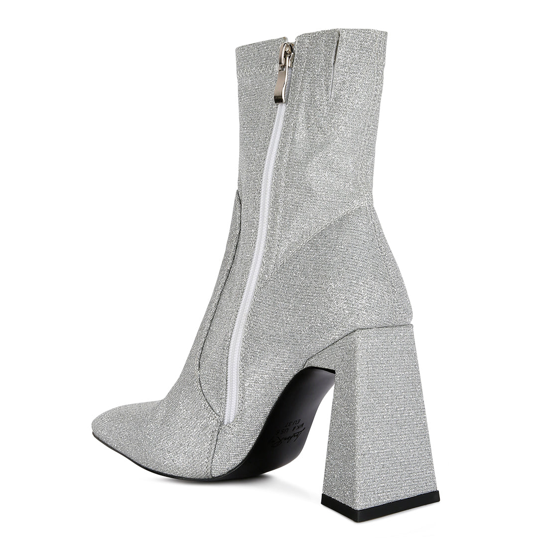 hustlers shimmer block heeled ankle boots#color_silver