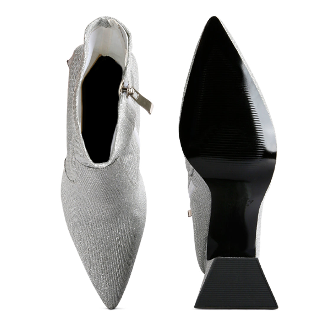 hustlers shimmer block heeled ankle boots#color_silver