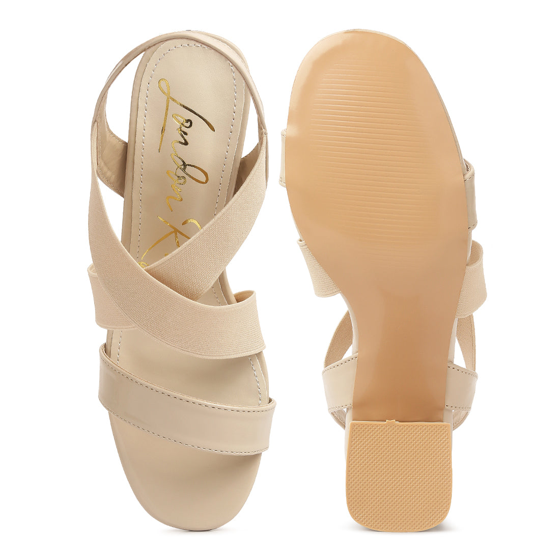 elastic straps block heel sandals#color_beige