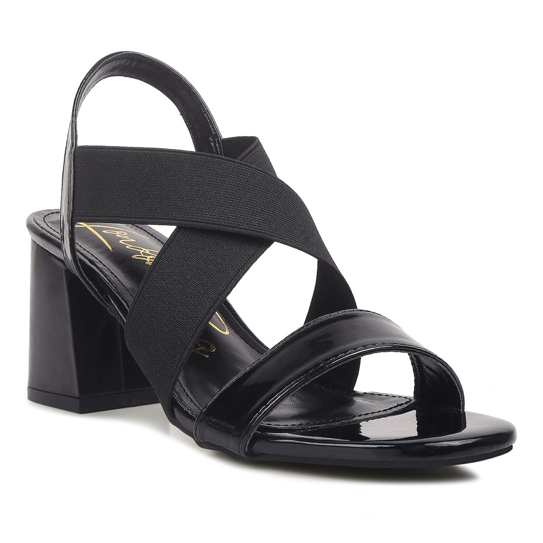 elastic straps block heel sandals#color_black