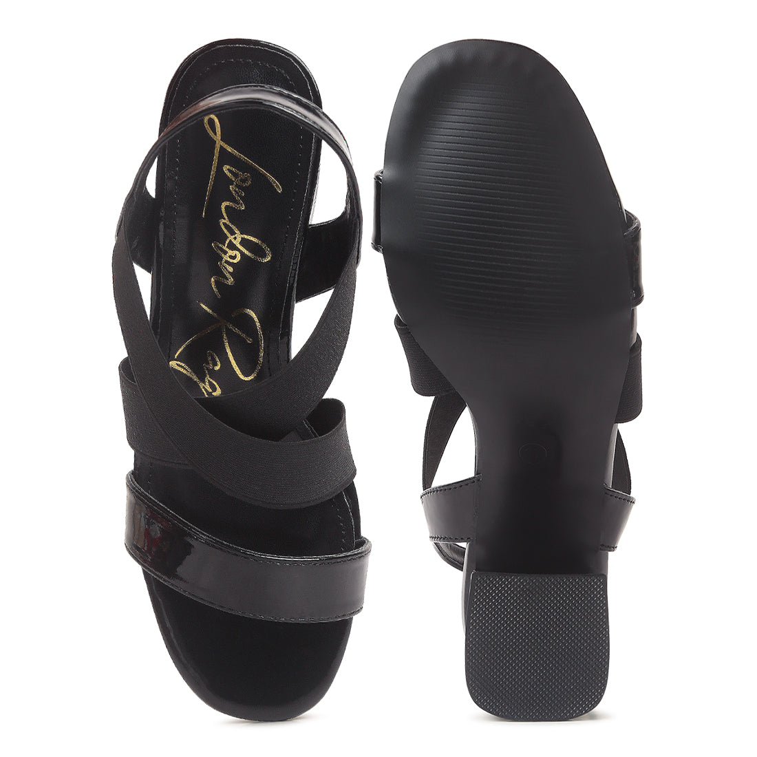 elastic straps block heel sandals#color_black