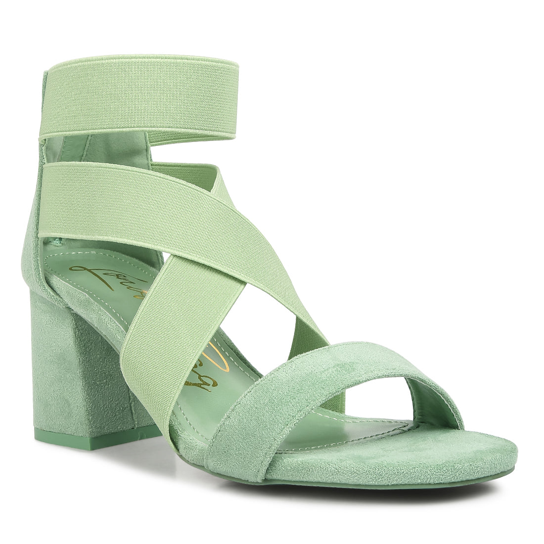 elastic strappy block heel sandals#color_green