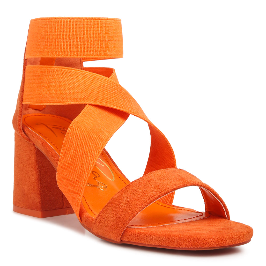 elastic strappy block heel sandals#color_orange