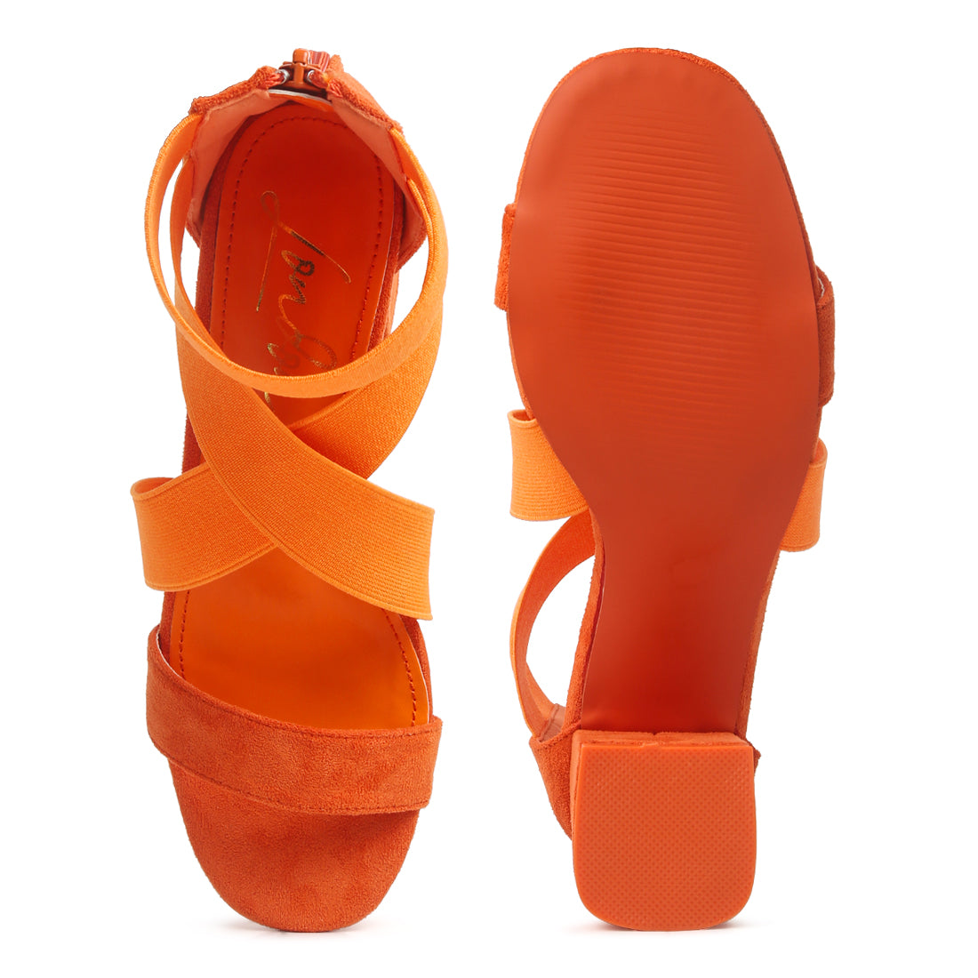elastic strappy block heel sandals#color_orange