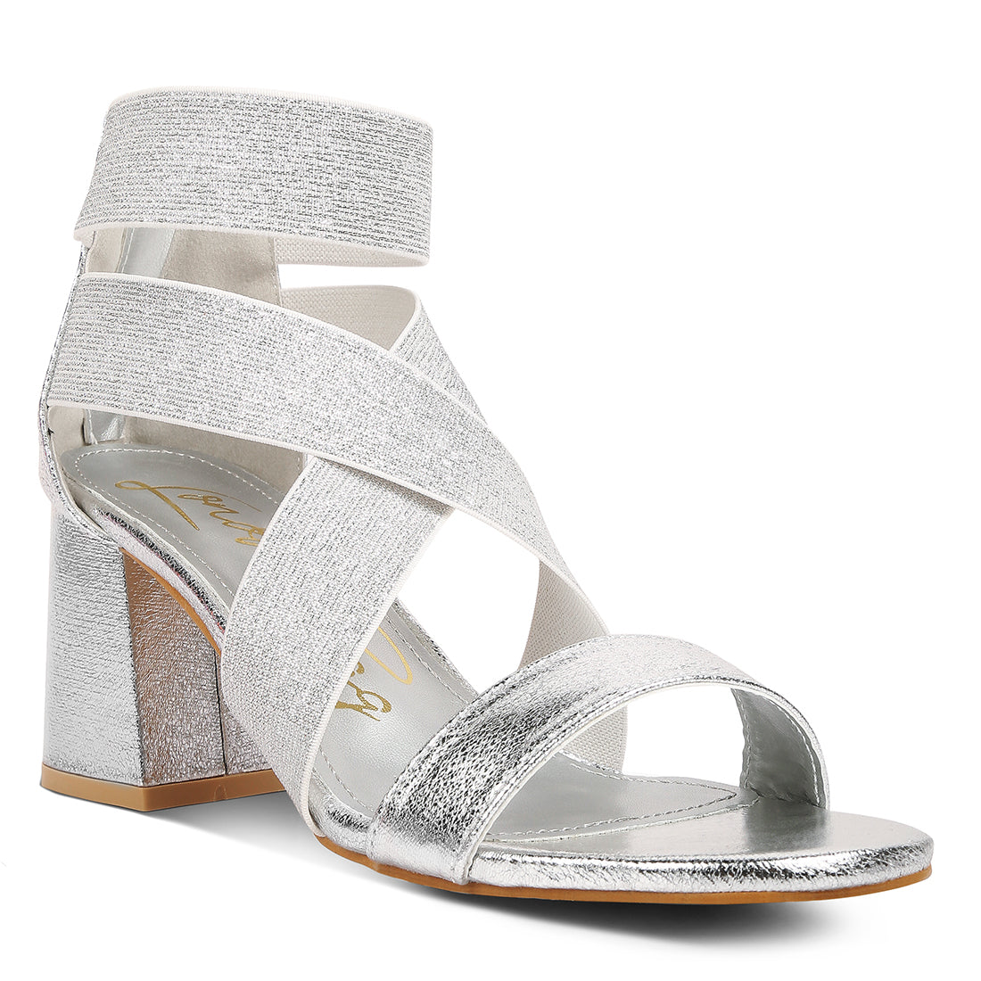 elasticated strappy block heel sandals#color_silver