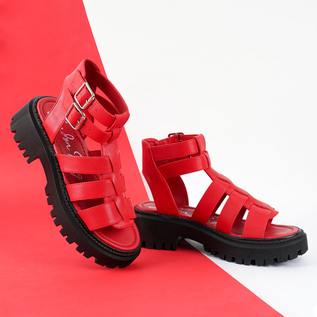 double buckle detail chunky sandals#color_red