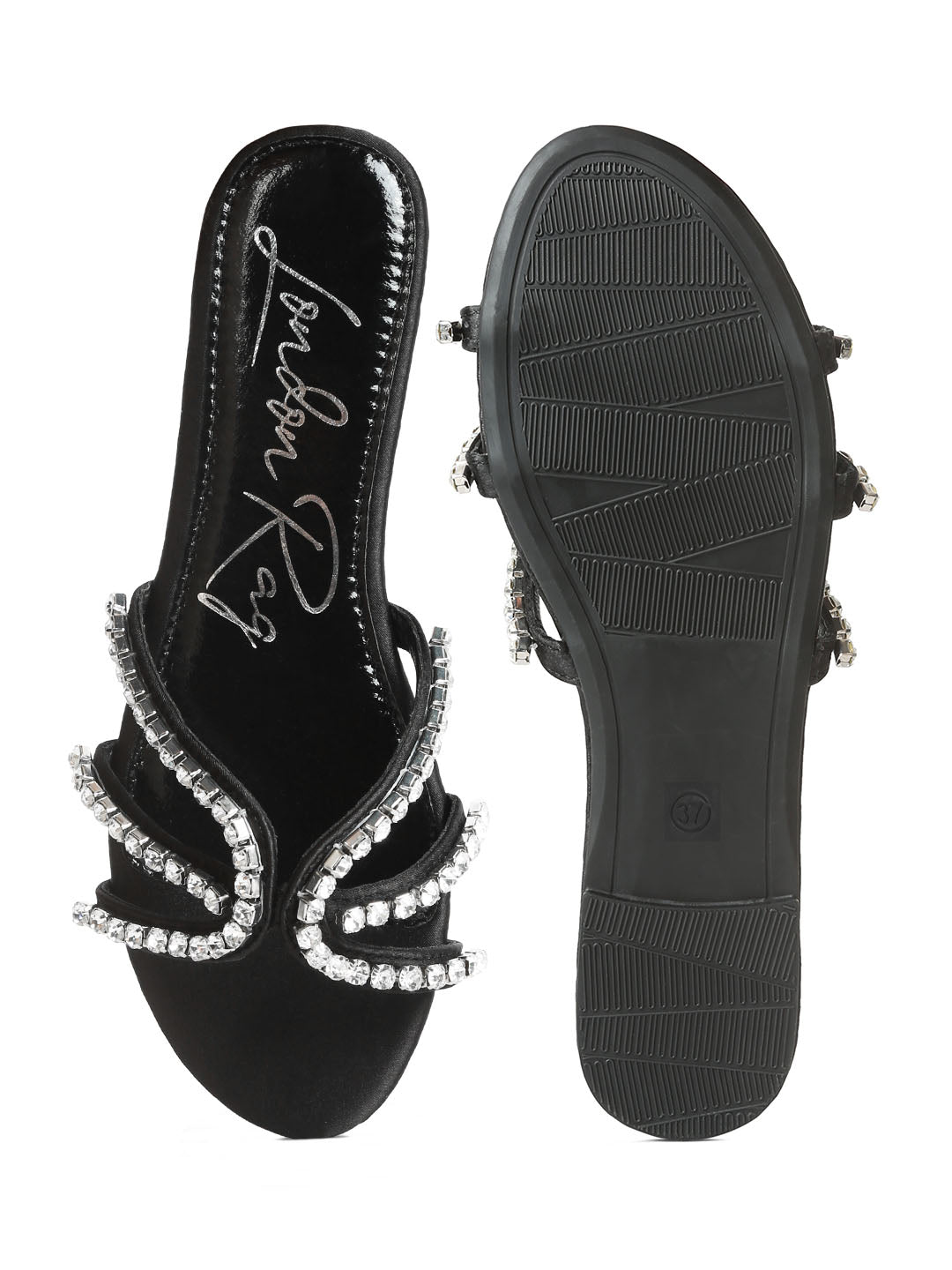 dimante strap flat sandals#color_black