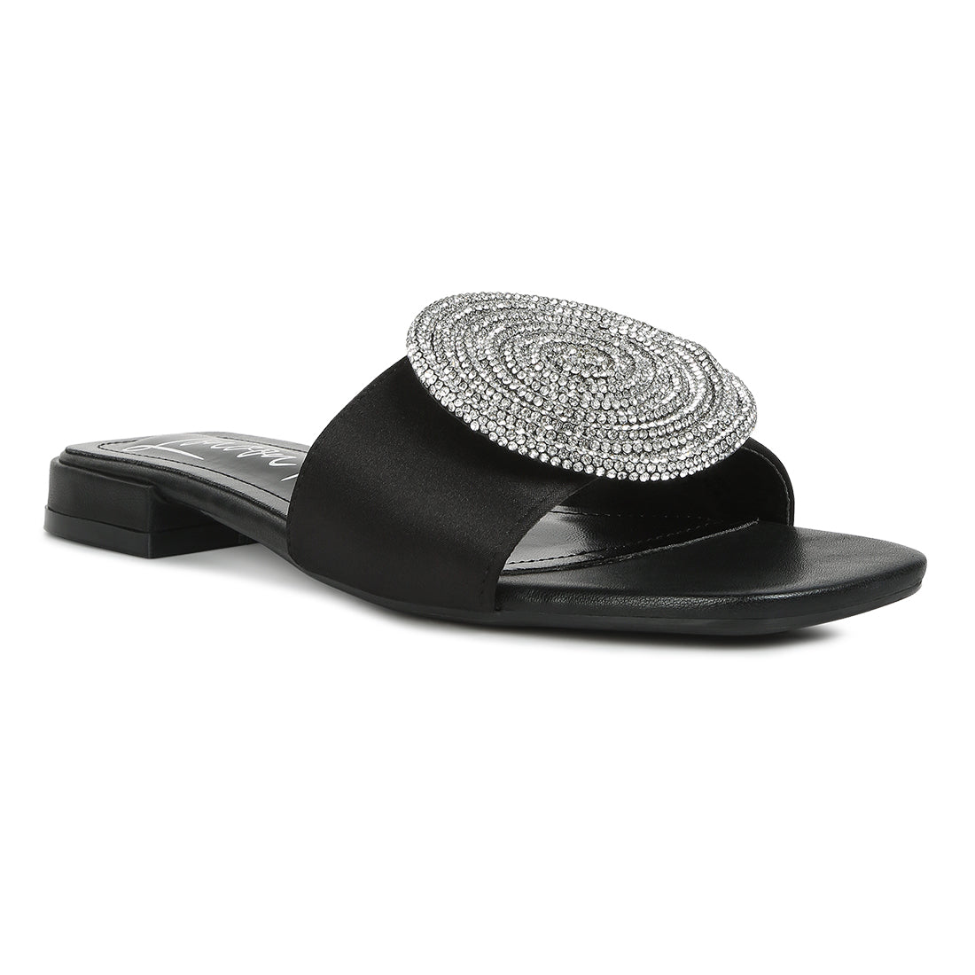 Rhinestone embellished brooch slip on sandals#color_black