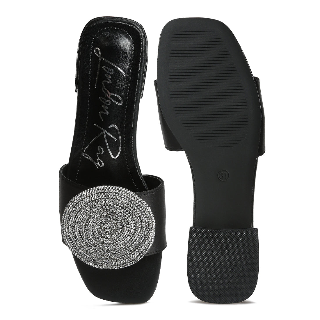 Rhinestone embellished brooch slip on sandals#color_black