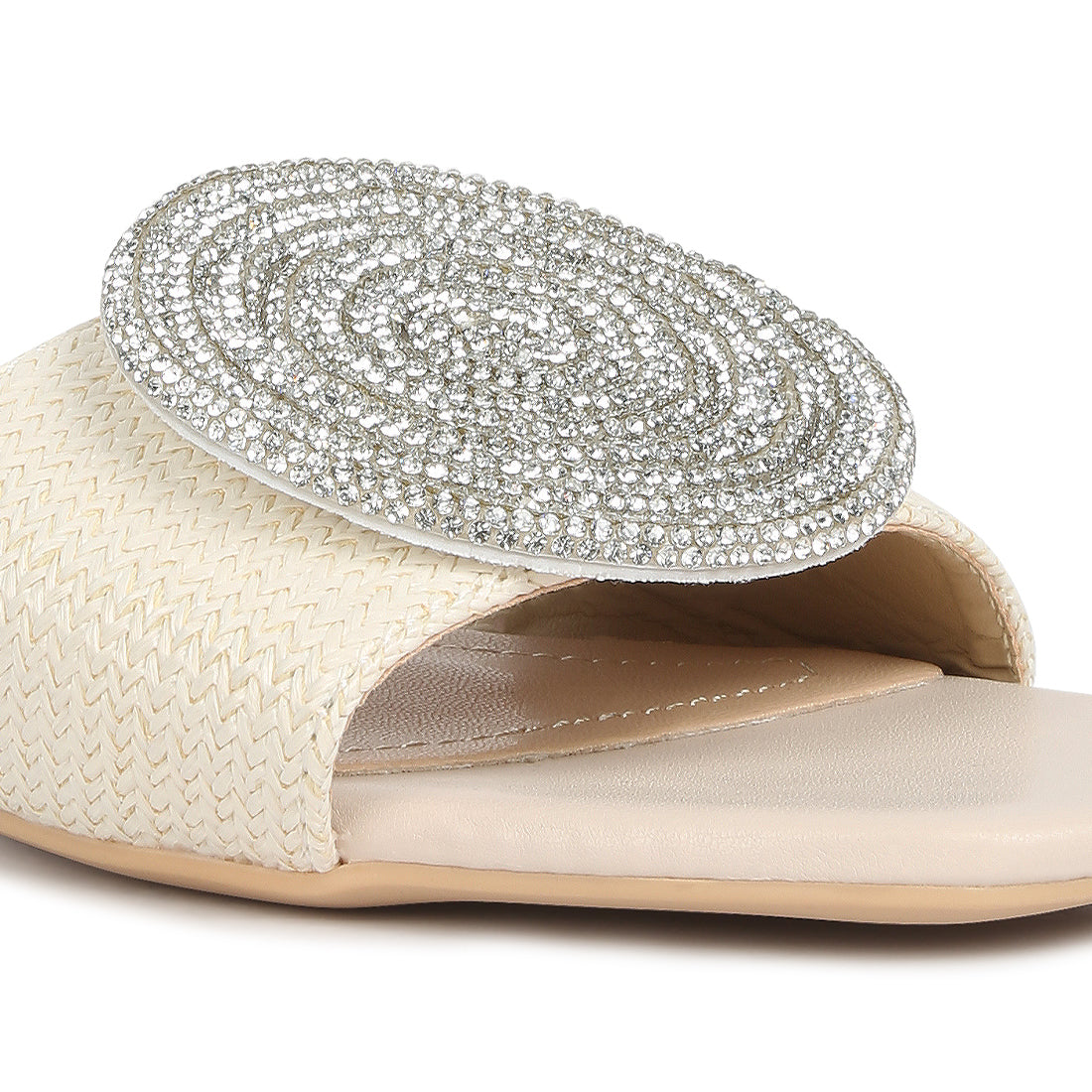 Rhinestone embellished brooch slip on sandals#color_off-white