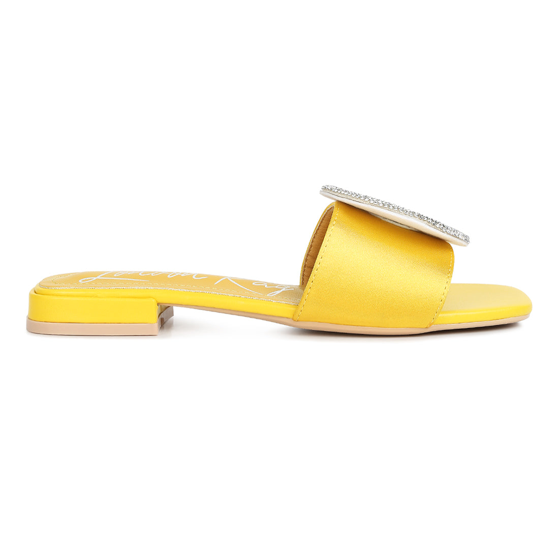 Rhinestone embellished brooch slip on sandals#color_yellow