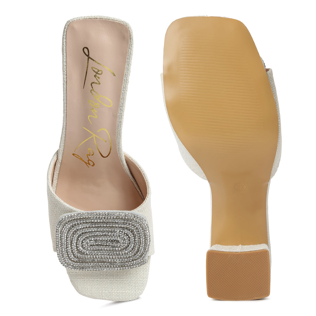 Beige Rhinestones Embellished Slip On Sandals