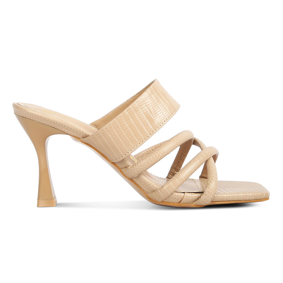 criss cross strap spool heel sandals#color_tan