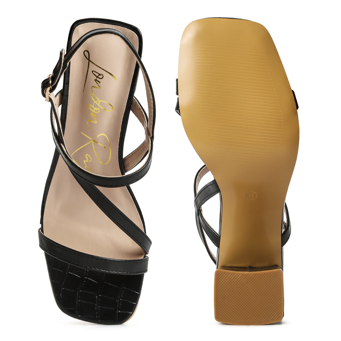 croc textured block heel sandals#color_black