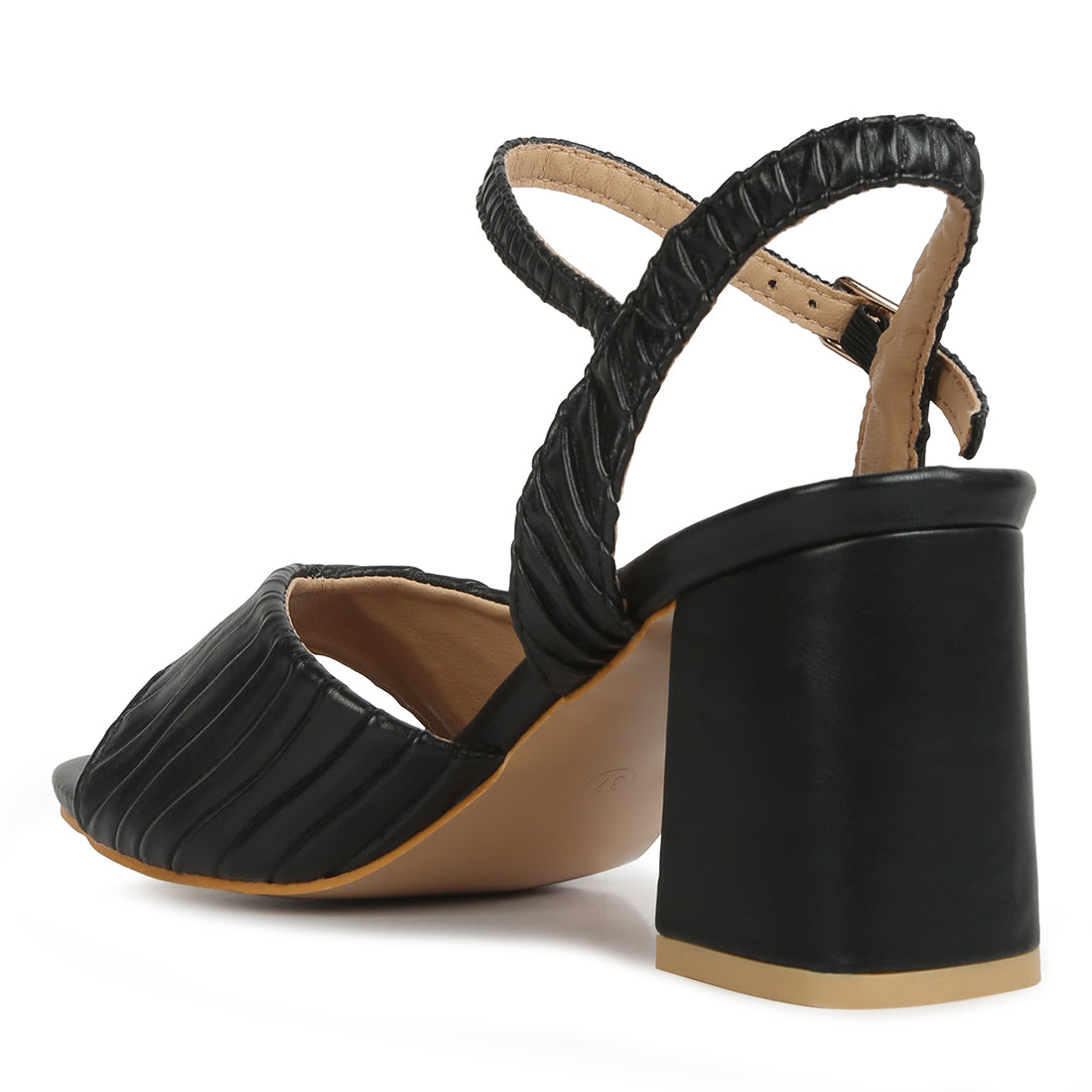 pleated strap block heel sandals#color_black