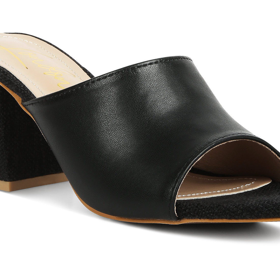 pu block heel slip on sandals#color_black