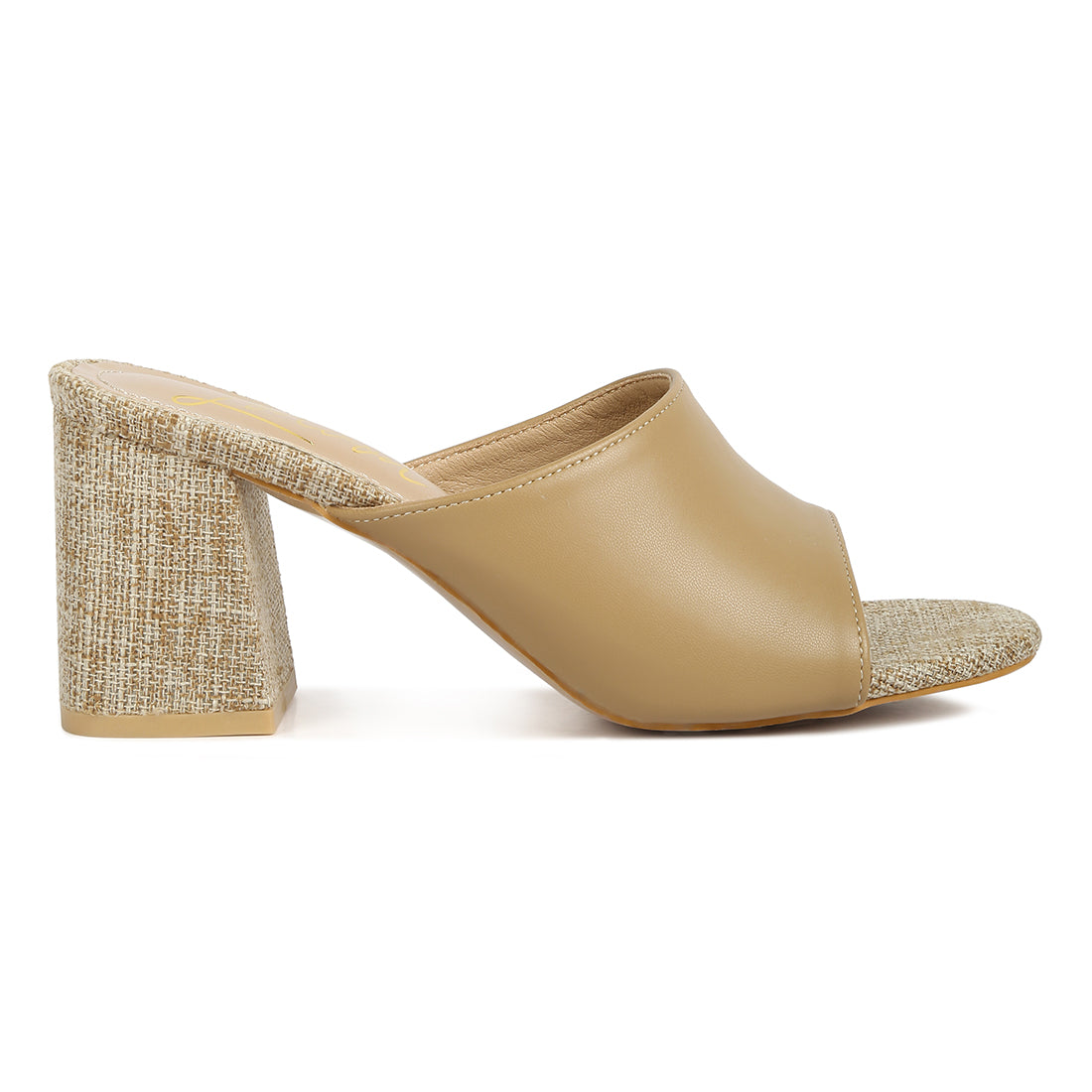 pu block heel slip on sandals#color_tan