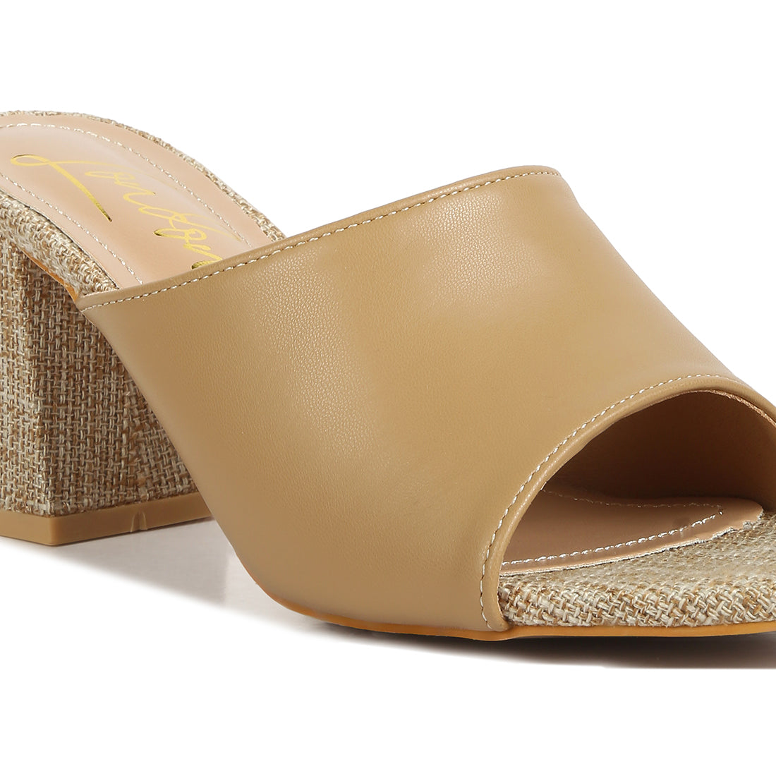 pu block heel slip on sandals#color_tan