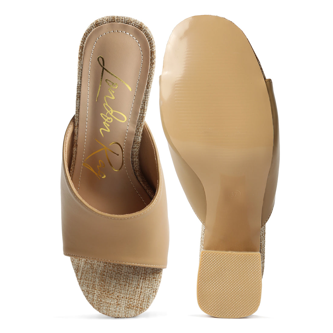 pu block heel slip on sandals#color_tan