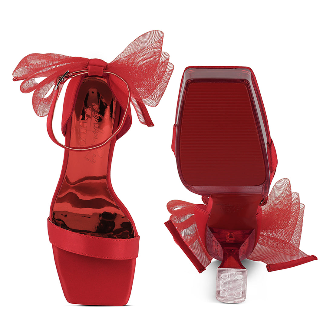 satin clear high heeled bow sandals#color_red