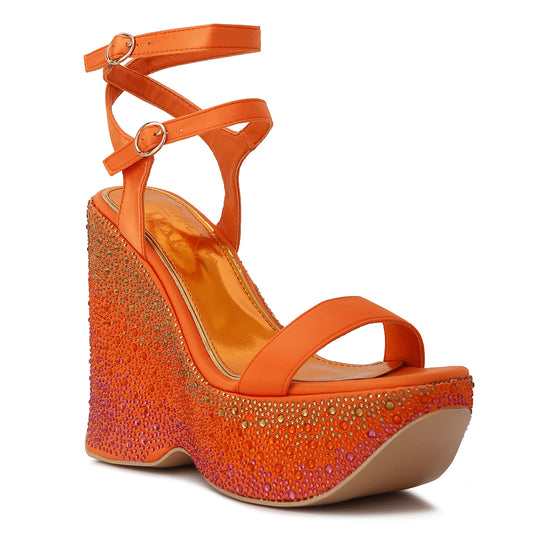 rhinestones embellished ultra high wedge sandals#color_orange