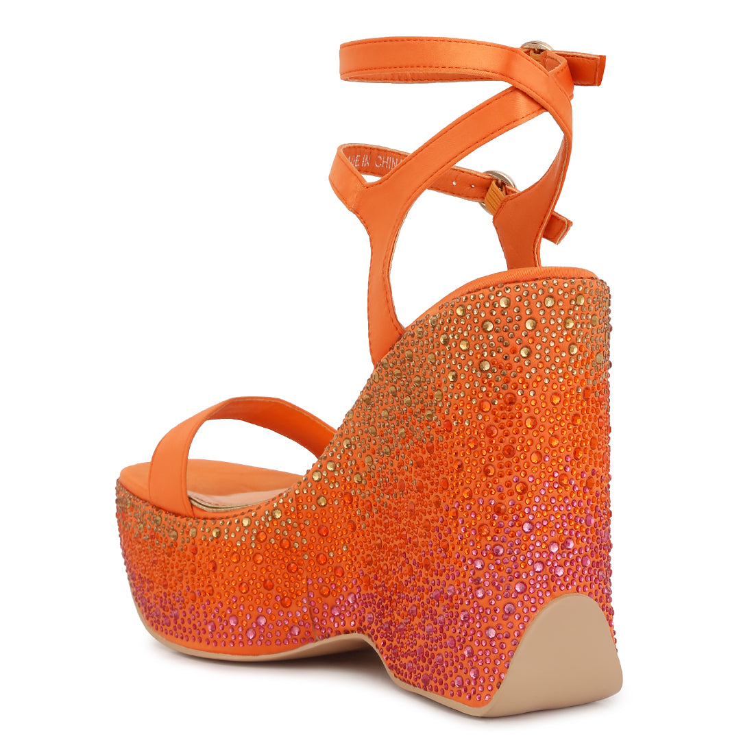 rhinestones embellished ultra high wedge sandals#color_orange
