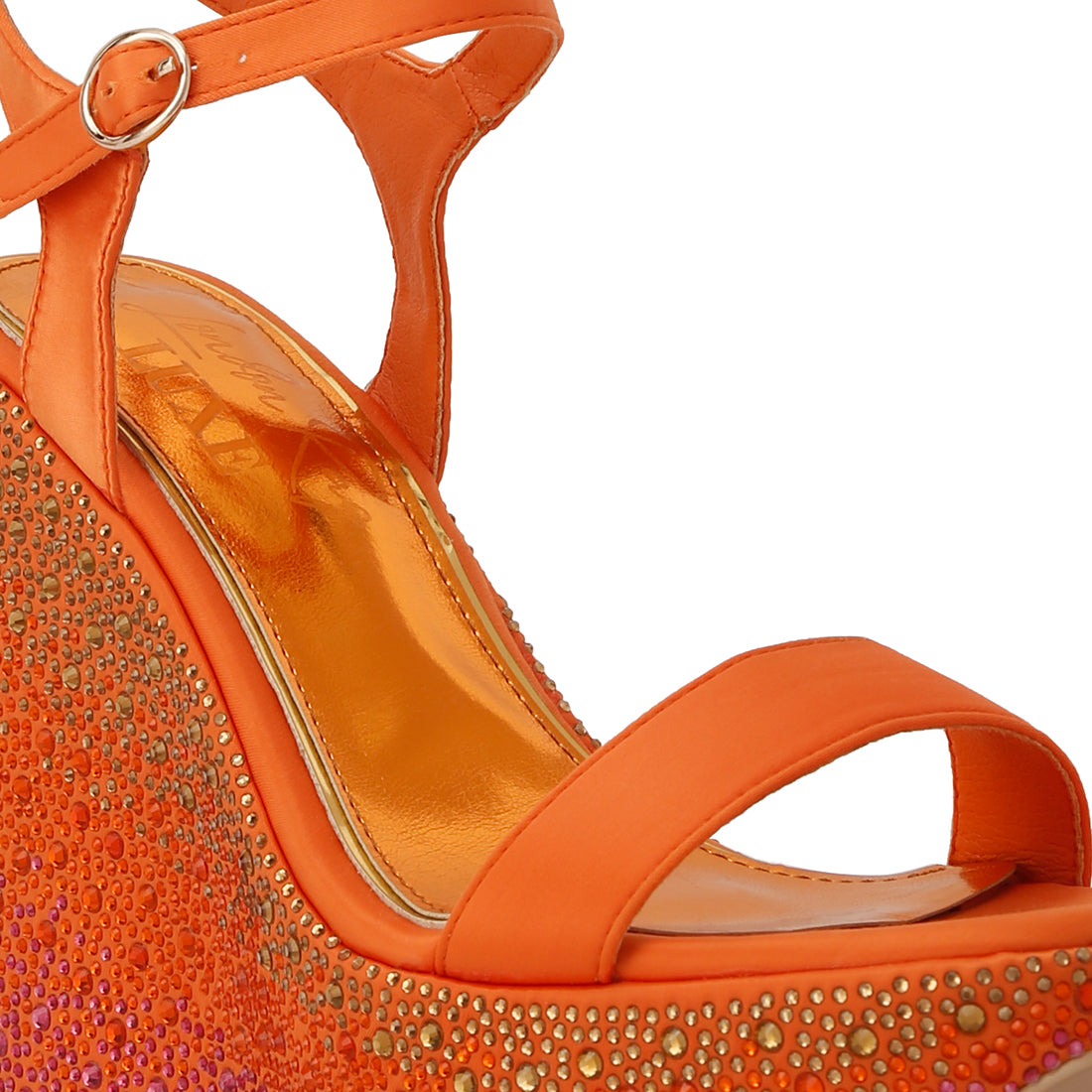 rhinestones embellished ultra high wedge sandals#color_orange
