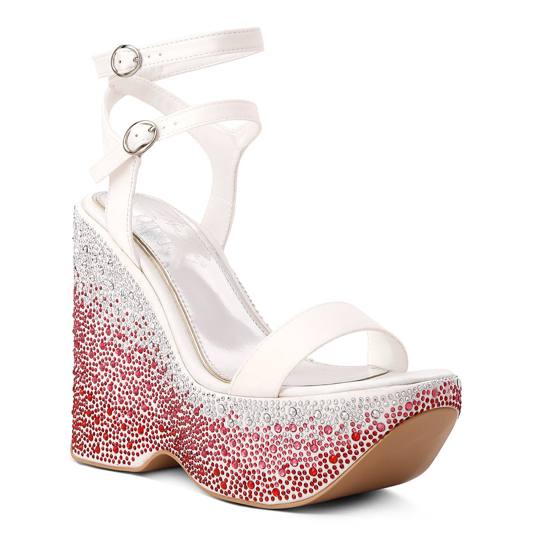 rhinestones embellished ultra high wedge sandals#color_white