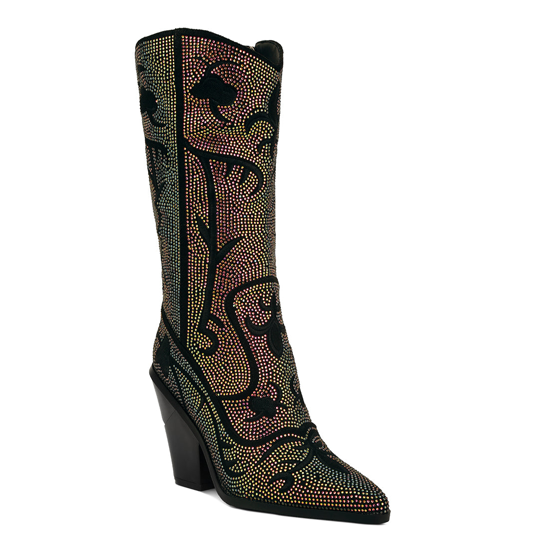 rhinestones embellished shimmer calf boots#color_black