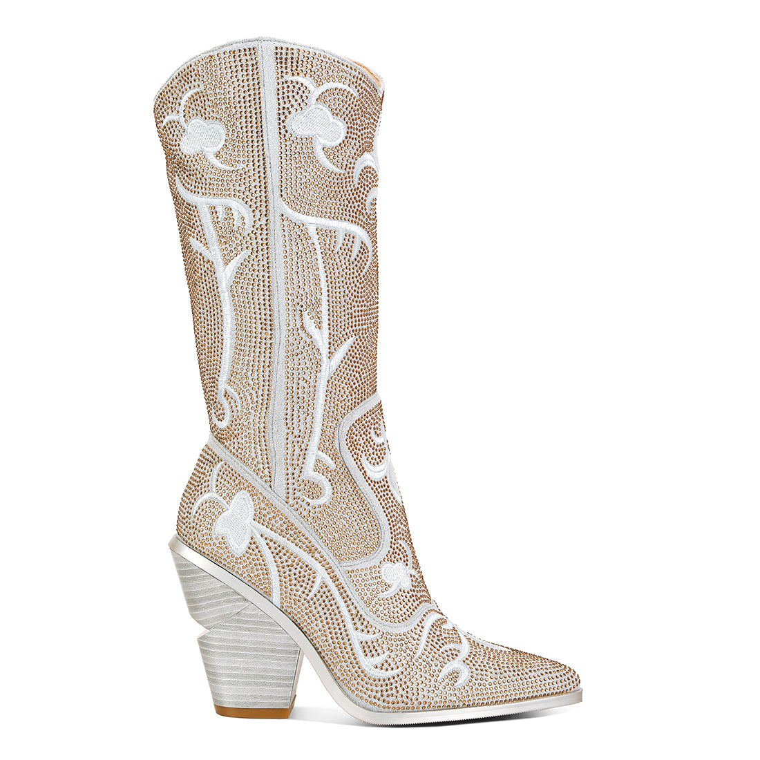 rhinestones embellished shimmer calf boots#color_silver