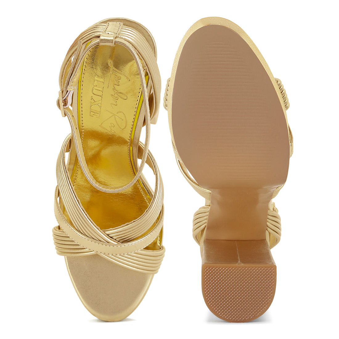 patent pu cross strap high heeled sandals#color_gold