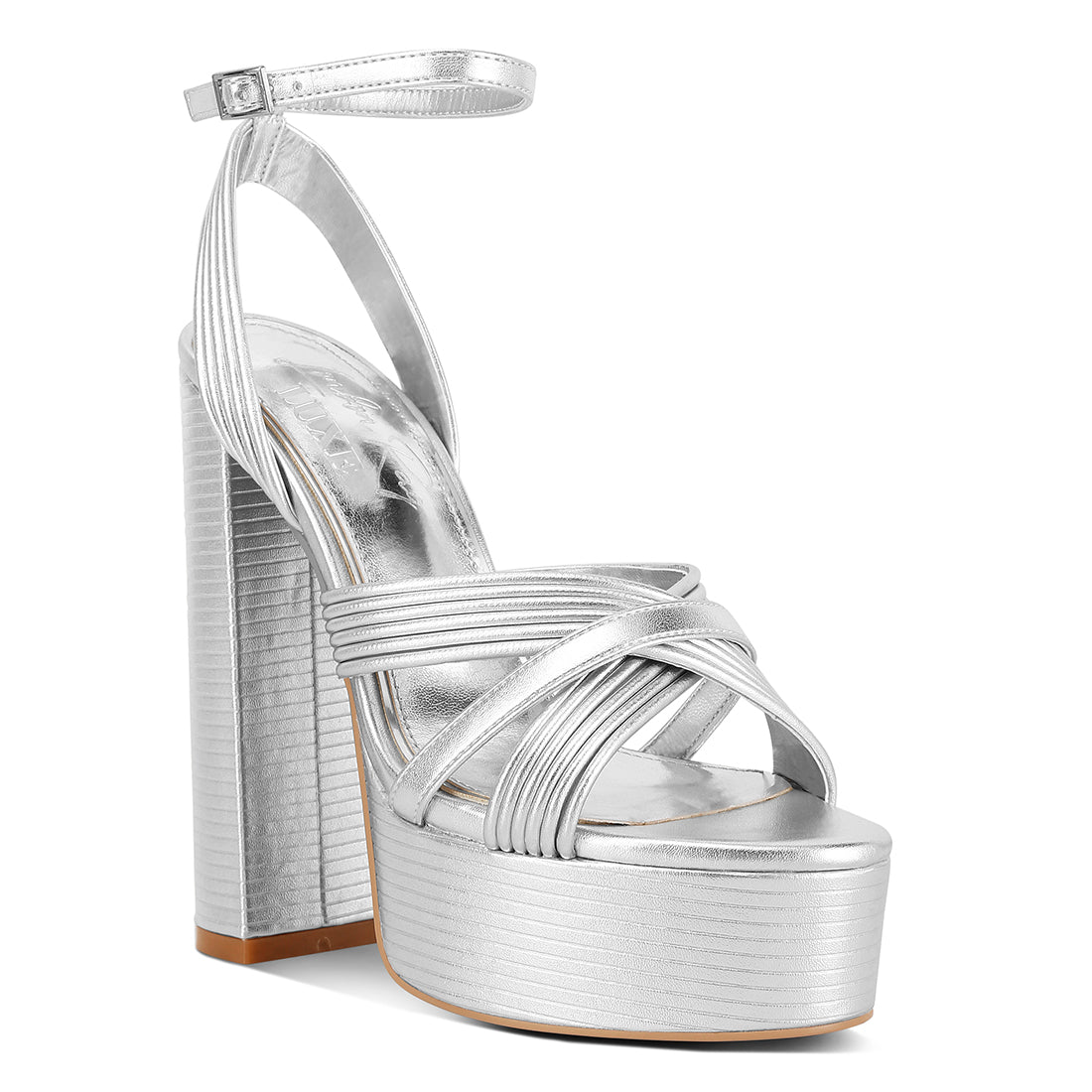 patent pu cross strap high heeled sandals#color_silver
